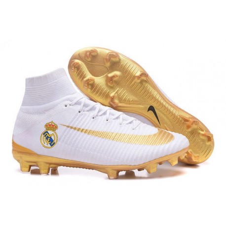 Zapatillas de fútbol Nike Mercurial Superfly V FG Para Hombre Real Madrid FC Blanco Oro